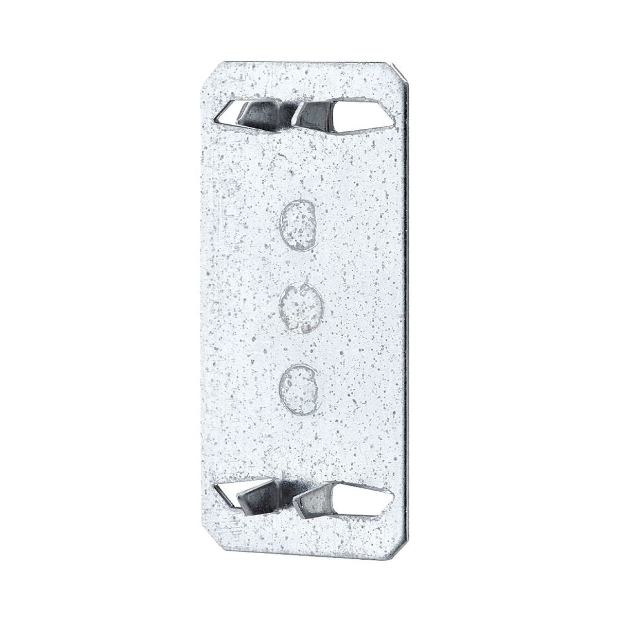 The Go Build 1-1/2 in. x 3 in. 16-Ga. Protection Plate is a rectangular steel plate with four angled tabs and three central indentations, featuring a durable G90 finish for corrosion resistance—ideal for securing objects to surfaces.